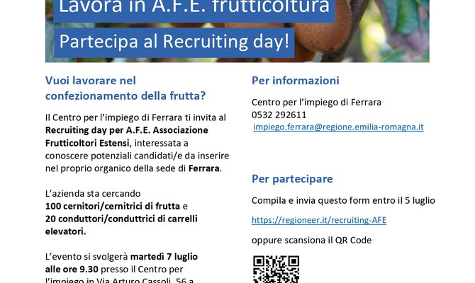 Ferrara- Recruiting day settore frutticoltura per A.F.E. Associazione Frutticoltori Estensi