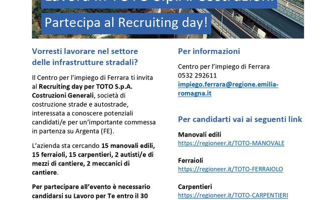 Recruiting day settore edile per TOTO S.p.A. Costruzioni Generali